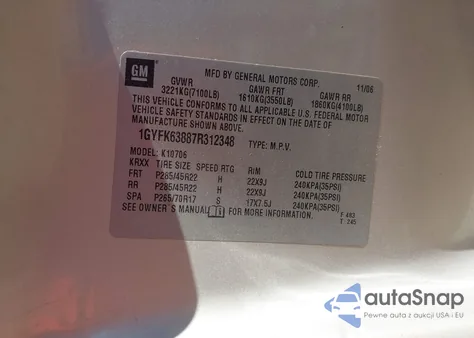 2007 Cadillac Escalade Standard z USA, uszkodzony, nr VIN 1GYFK63887R312348